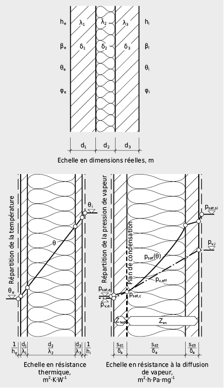 Répartitions de la température et de la pression de vapeur dans un mur à double paroi: formation d'un « plan de condensation »