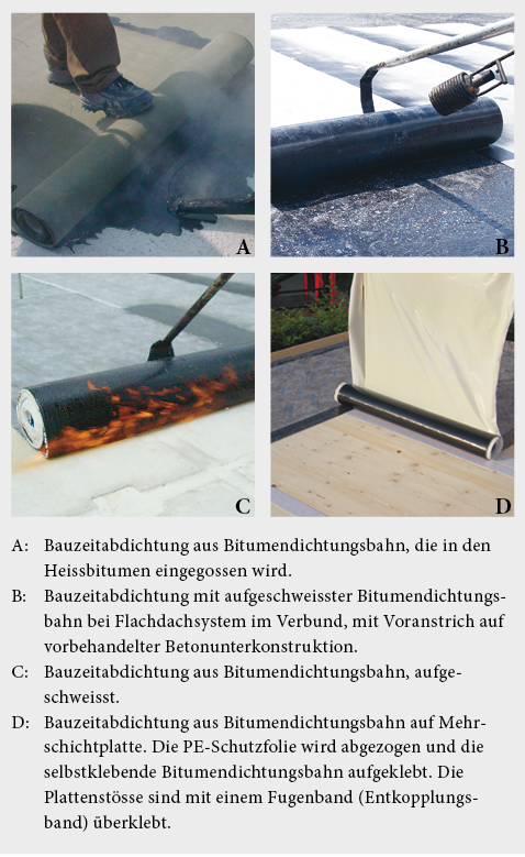 Varianten für die Ausführung von Dampfbremse/Bauzeitabdichtung mit Bitumendichtungsbahnen.