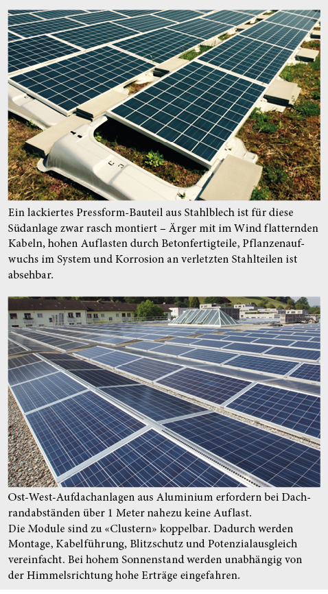 Bei PV-Anlagen auf Flachdächern sind die Designmerkmale und Systemunterschiede augenfällig.